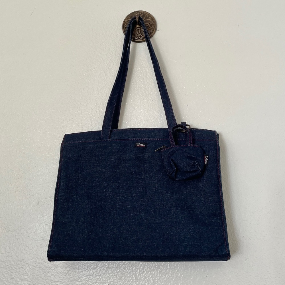Totes Dark Wash Denim Tote Bag Red Stitching with Matching Charm Keychain Purse